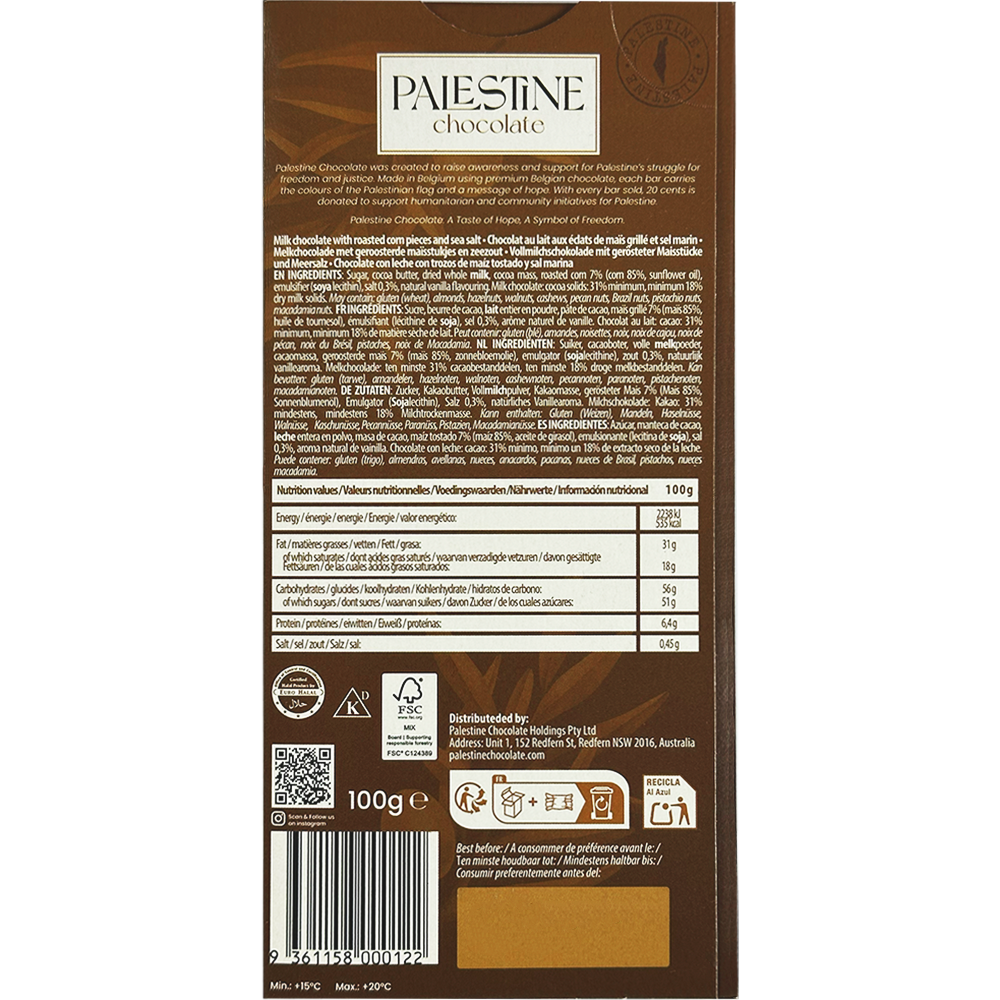 Palestine Chocolate Milk Chocolate With Roasted Corn "Roasted Harvest" 100g