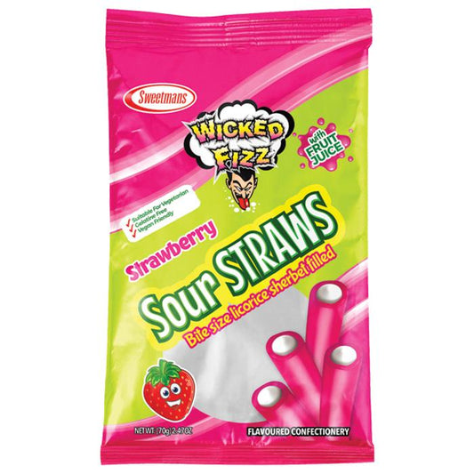 Wicked Fizz Strawberry Sour Straws 70g