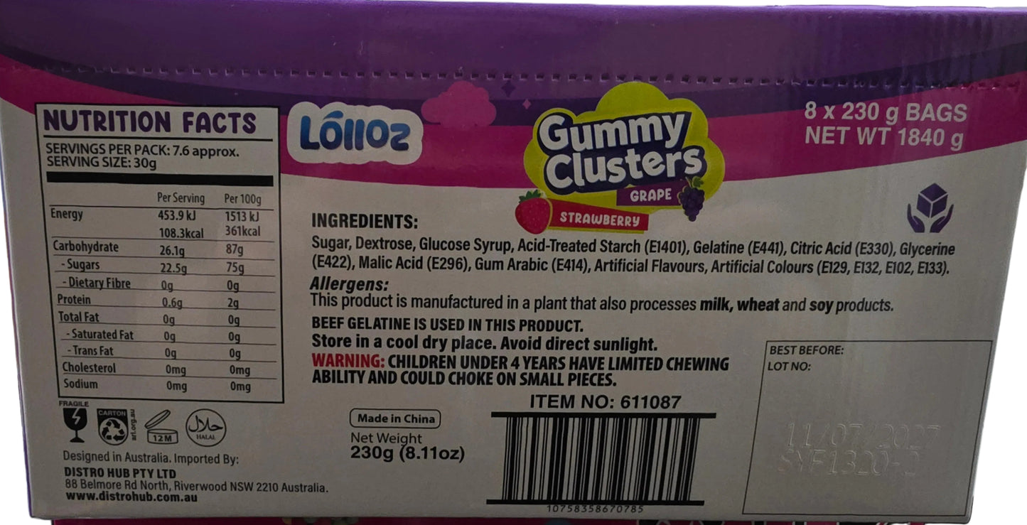 Lolloz Gummy Clusters Strawberry Grape 230g