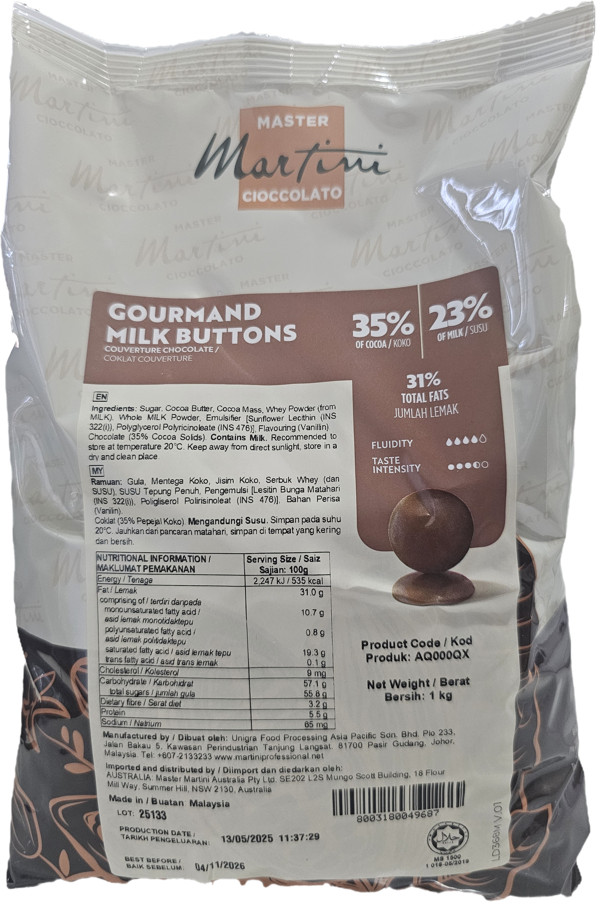 Master Martini Gourmand Milk Buttons Couverture Chocolate 35% 1kg