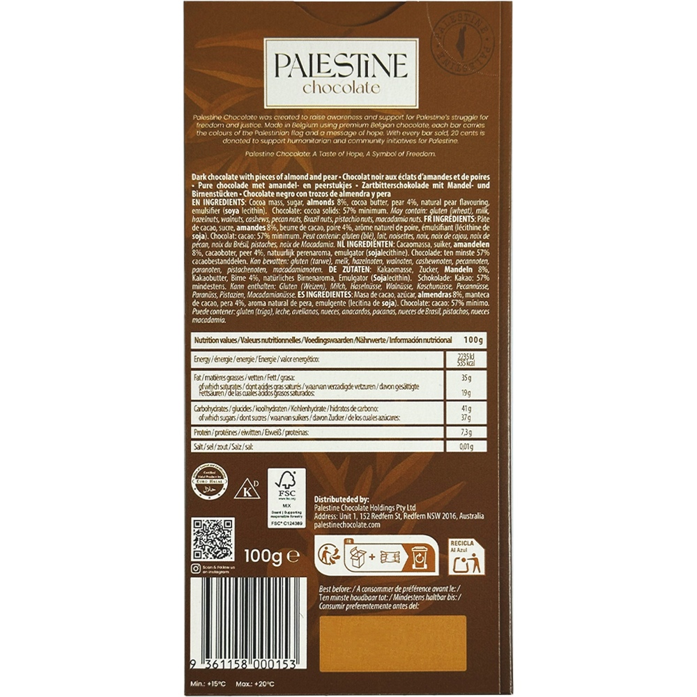 Palestine Chocolate 57% Dark Chocolate With Pear & Almonds "A Taste Of Paradise" 100g