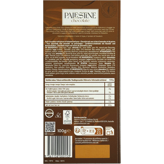 Palestine Chocolate 57% Dark Chocolate With Pear & Almonds "A Taste Of Paradise" 100g