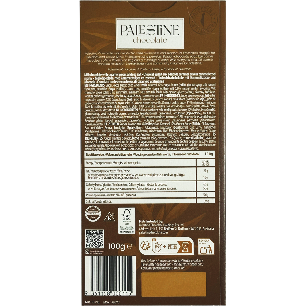 Palestine Chocolate Caramel & Sea Salt Milk Chocolate "A Symphony Of Flavour" 100g